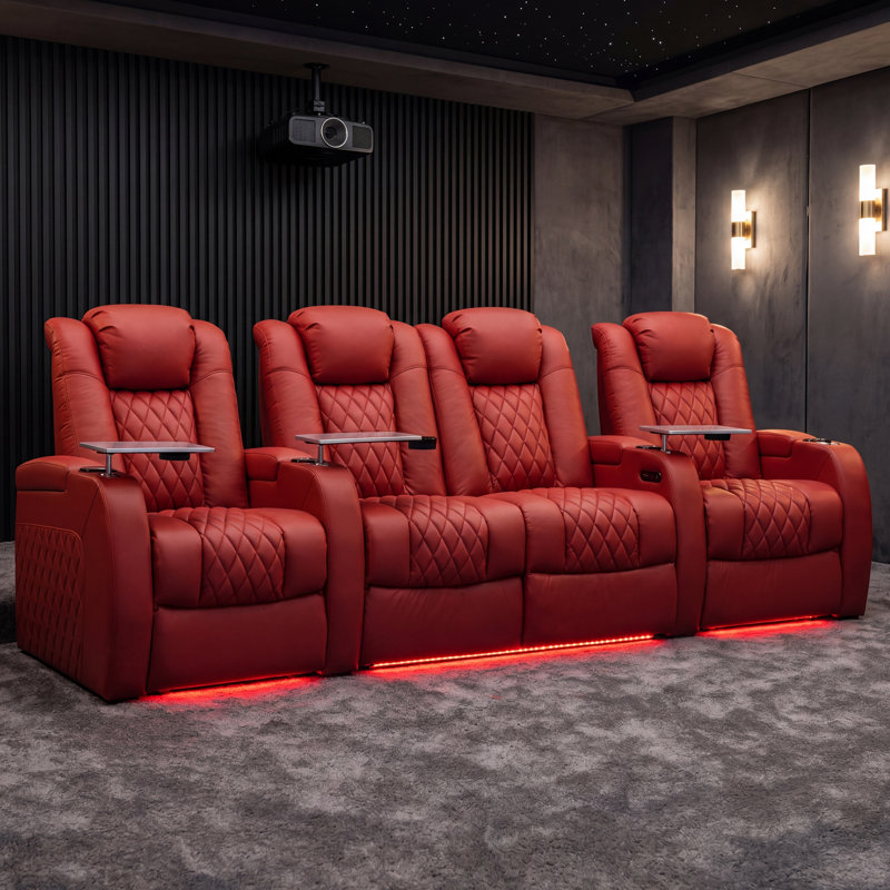 Siège de cinéma individuel en cuir véritable de 112 po de largeur avec porte-gobelet, Rouge