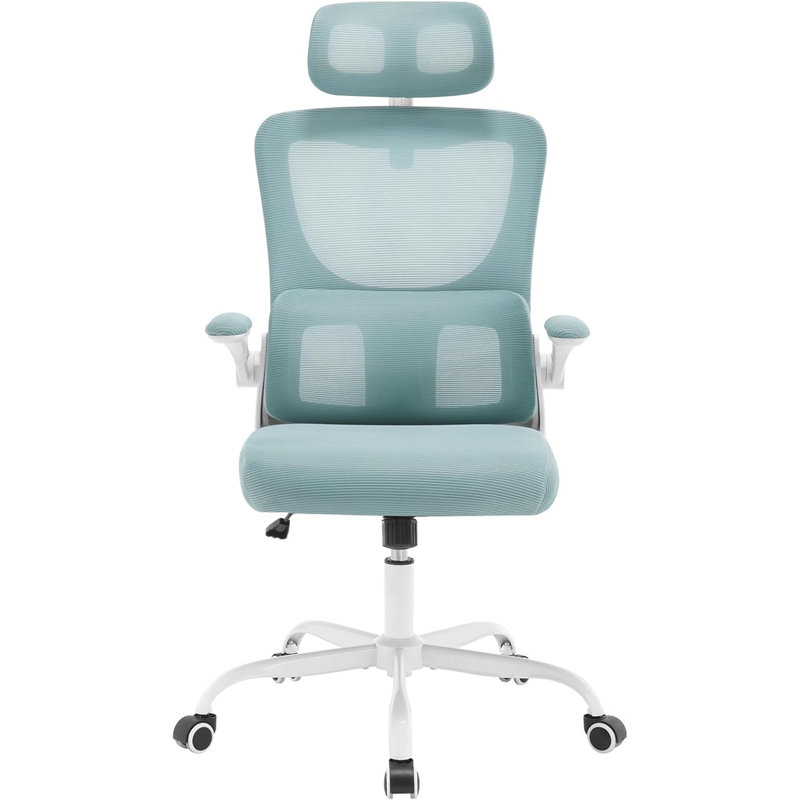 Geralde Office Chair with Headrest, White, Light Blue