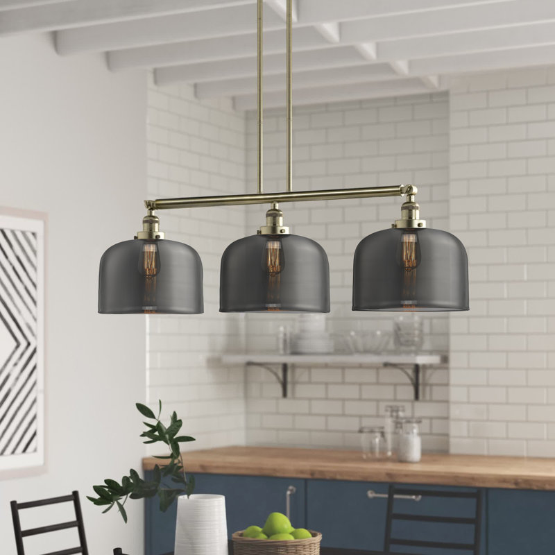Bell - Luminaire suspendu pour îlot de cuisine 3 lumières 41 ", Laiton antique, Ampoule à DEL rétro de 6 watts
