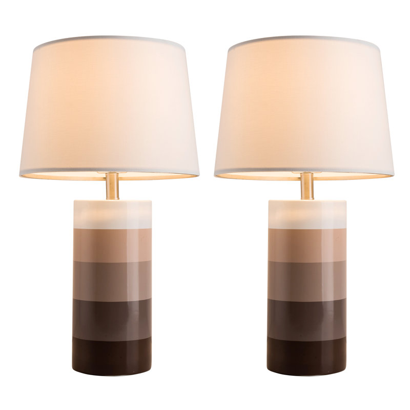 White Ceramic Cylinder Bedside Table Lamp Set with Linen Shade