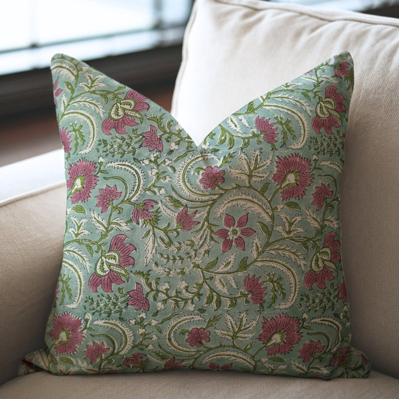 Housse de coussin Fabcline, Carrée, H 14 po x l 14 po, Motif floral vert