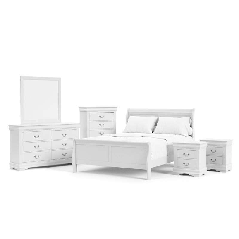 Ensemble de chambre à coucher Extula, Blanc, Grand, Six articles : lit, deux tables de chevet, deux c