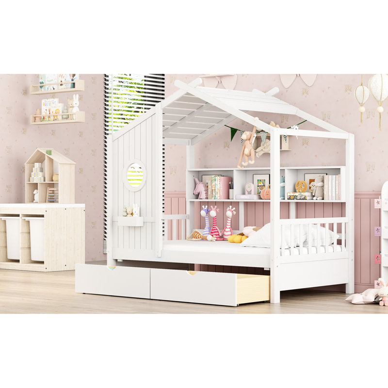 Lit simple en bois avec 2 tiroirs et une tablette, blanc, un choix pour les chambres à coucher, Lit simple