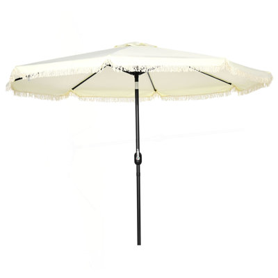 Patio Umbrella, 9Ft Patio Umbrella With Push Button Tilt And Crank, Ruffled Outdoor Market Table Umbrella With Tassles And 8 Ribs, For Garden, Deck, Pool