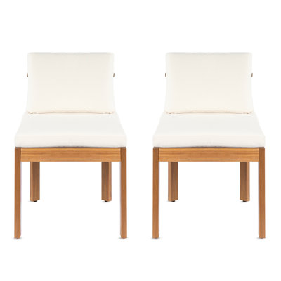 Acacia Wood Outdoor Dining Chair (Set of 2), Teak Finish Wood + Cream Cushions