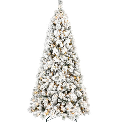 Arbre de Noël enneigé 7,5 pi avec 500 lumières blanc chaud, 1252 pointes givrées réalistes, branches enneigées et à aiguilles dures, structure à charnières simple, support en métal pour lumières des Fêtes, corps plein