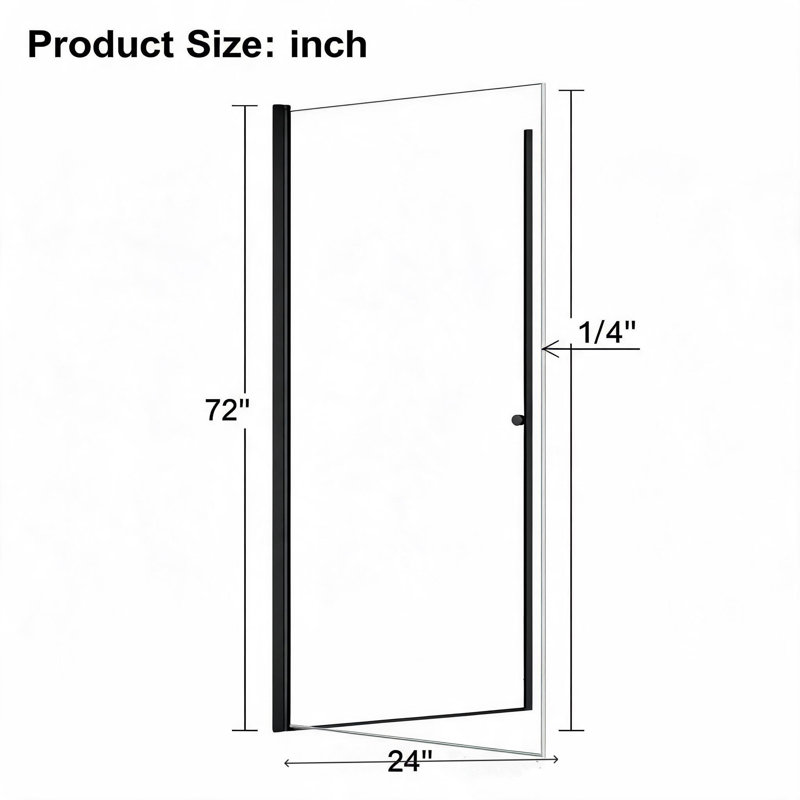 24 inch x 72 inch Matte Black Semi-Frameless Circular Pivot Shower Door with Tempered Glass