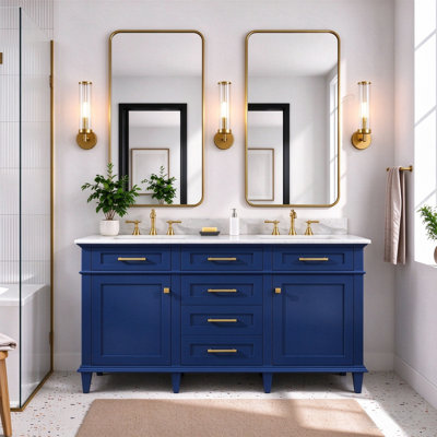 Malcom 60 " W Freestanding Standard Free Standing 2 Double Vanity Bathroom Vanity With Marble Top