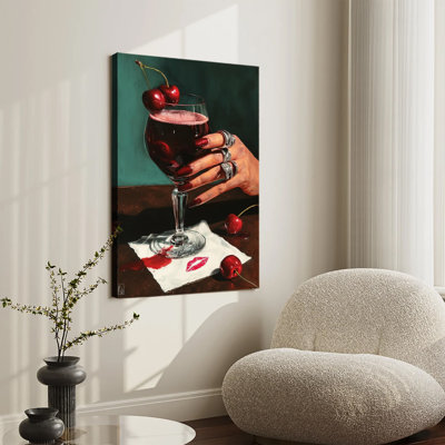Nature morte mélancolique avec verre de vin, cerise et manucure rouge, impression sur toile tendue grand format, idéale pour le salon ou la chambre.