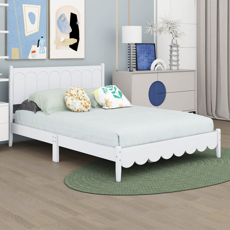 Lit de style rétro avec tête de lit rectangulaire, Blanc, Double