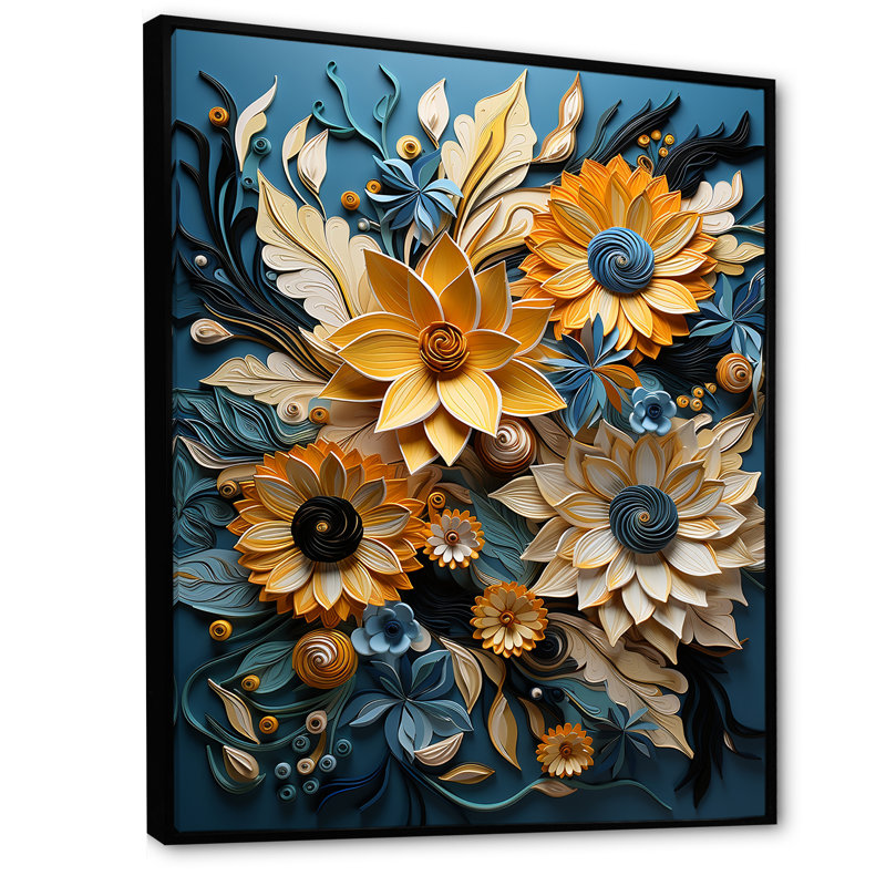 Tournesols abstraits bleus et beiges, Cadre flottant noir, H 20 po x l 12 po x P 1 po