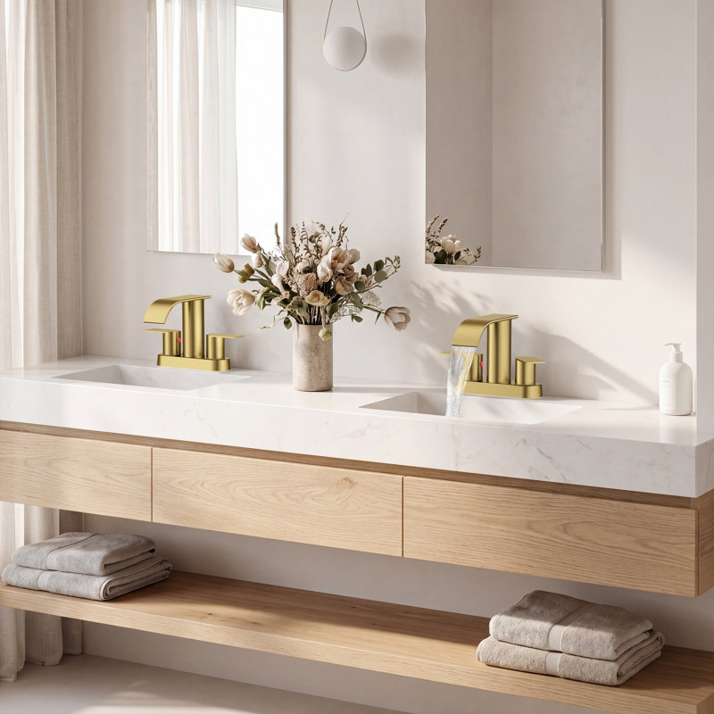 Robinet de salle de bain à ensemble central avec drain, robinet de salle de bain à 2 poignées, Or brossé