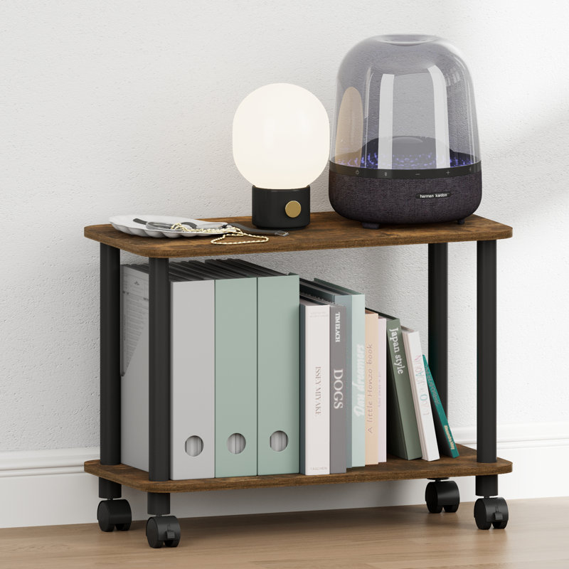 Furinno TURN-N-TUBE Night Stand, 2-Tier Rectangle Nightstand with Wheels, Round Corner Side Table, End Table with Open Shelf, Toolless Assembly, for Living Room, Bedroom, Amber Pine
