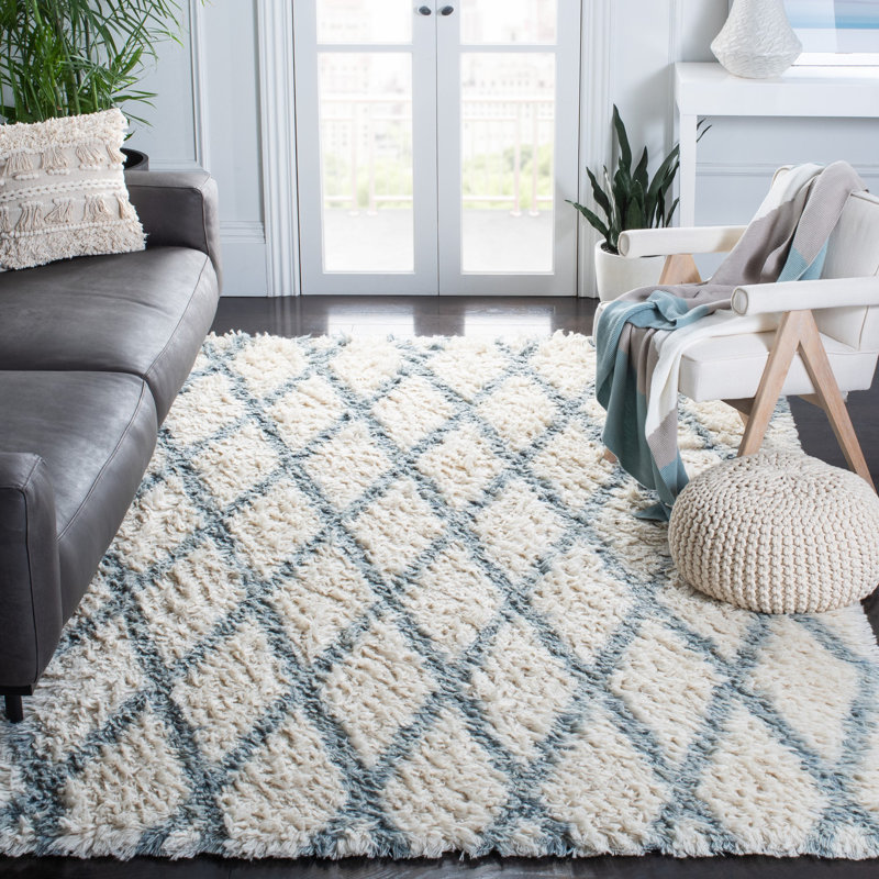 Tapis ivoire / bleu en laine / coton noué à la main Kenya, Rectangle 9 pi x 12 pi