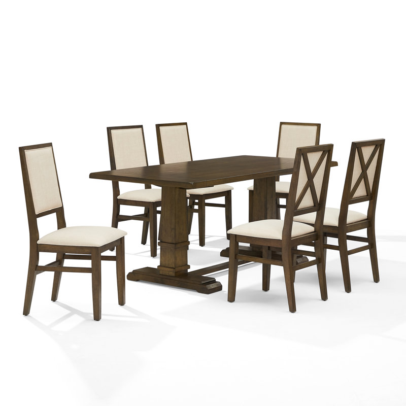 Table de salle à manger à tréteaux et chaises en bois Heymann, Chêne foncé, 7 pièces : table, 6 chaises