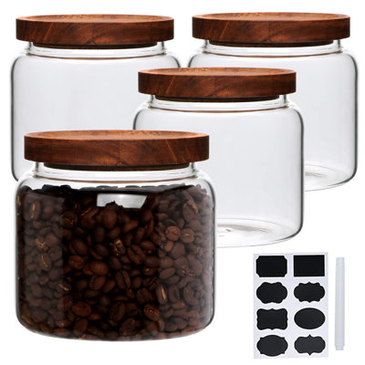 Glass Jars,Set Of 4 Glass Food Storage Containers With Wooden Lids,Clear Glass Canister Sets For Sugar,Tea,Coffee,Snack,Spice,Herbs(33 Oz/ 1000 Ml)