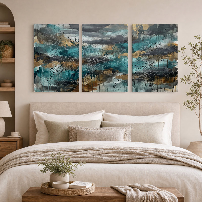 Ensemble de 3 toiles abstraites bleu sarcelle et dorées avec lignes blanches, 30"H x 20"W x 3pcs