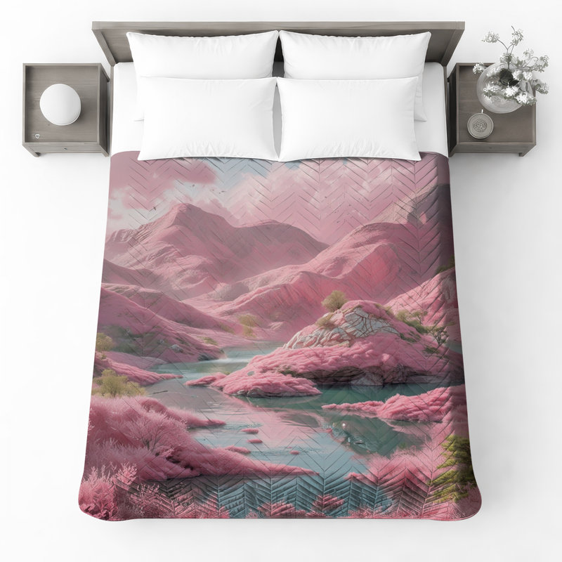 Couvre-lit matelassé Pink Mountain Landscape, Très grand lit