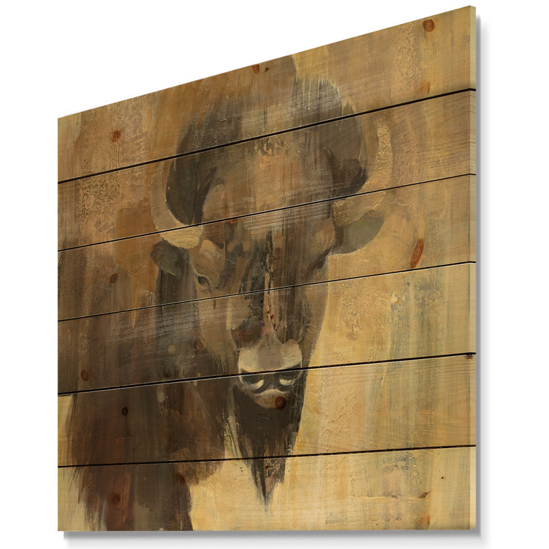 Into the Wild Gold Buffalo - impression de campagne moderne sur bois de pin naturel, H 16 po x l 16 po x P 1 po