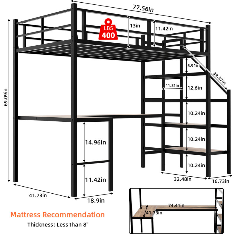 Structure de lit simple en fer noir avec mezzanine simple, rampe à 360 °, bureau en L et tablettes de rangement pour bureau de décoration de chambre à coucher