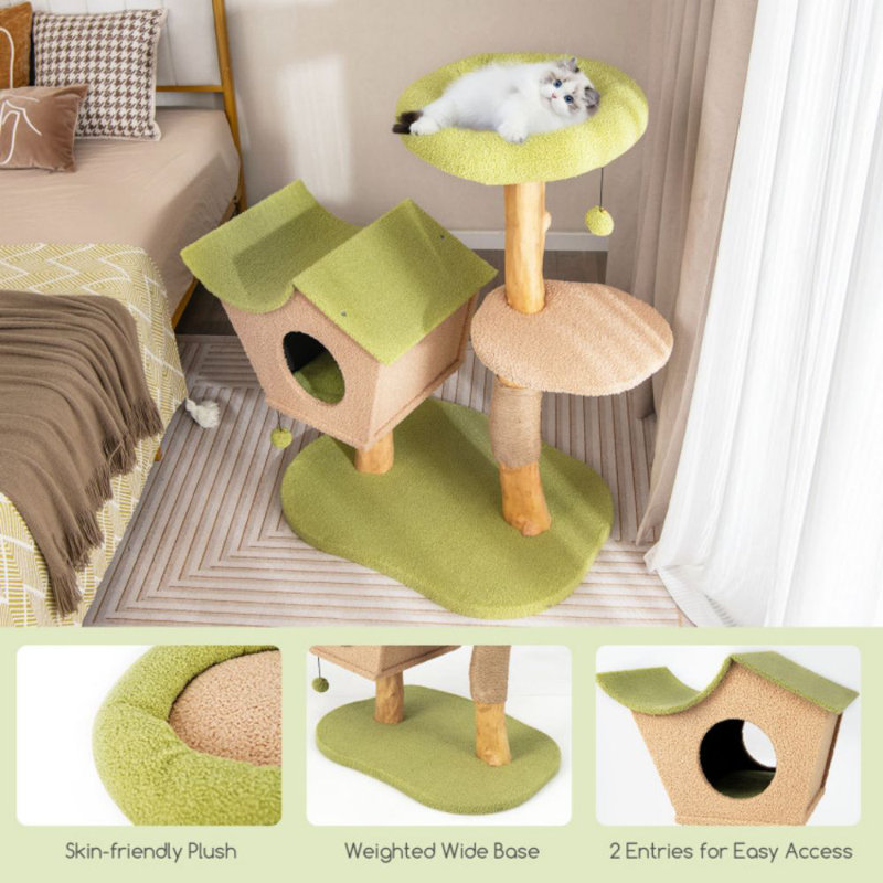 43 Inch Green and Beige Wooden Cat Tree with Perch and Condo