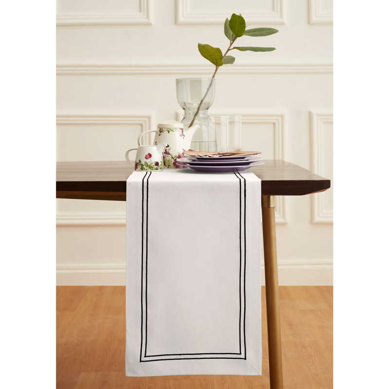 Positano Cotton Linen Table Runner, White and Black, 36" x 14"