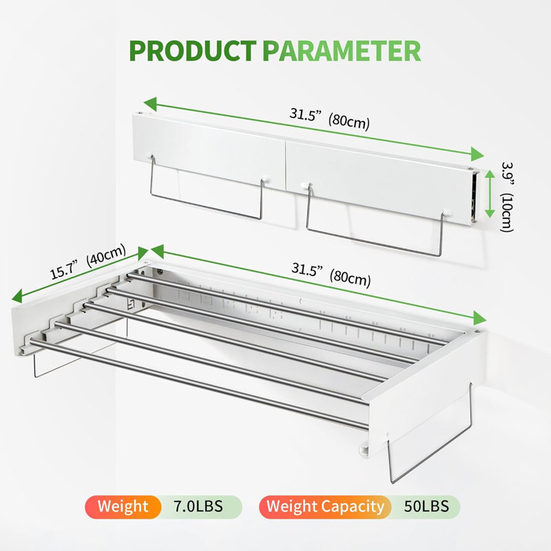 Metal Wall-Mounted Drying Rack, 5.1" H x 47.2" W x 23.6" D