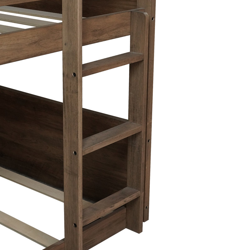 Twin Over Twin Solid Wood Floor Bunk Beds With Panelled Headboard And Footboard, Dark Oak