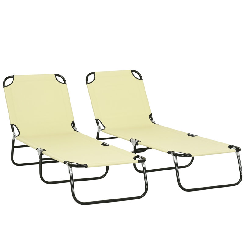 2 Piece Folding Chaise Lounge Pool Chairs, Outdoor Sun Tanning Chairs With 5-Level Reclining Back, Steel Frame For Beach, Yard, Patio, Beige