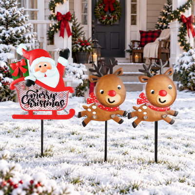 Christmas Yard Stake Lights Set, Santa on Sled Pulled by 2 Reindeer, LED Decorative Garden Stakes for Outdoor Lawn Pathway Christmas Holiday Decorations
