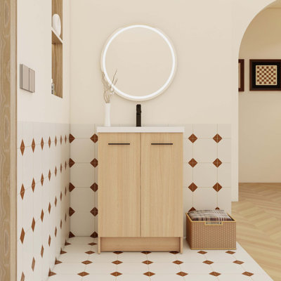 Meuble-lavabo autoportant de 24 pouces avec lavabo en résine intégré, rangement à double porte, conception prête à assembler et poignées à double finition.