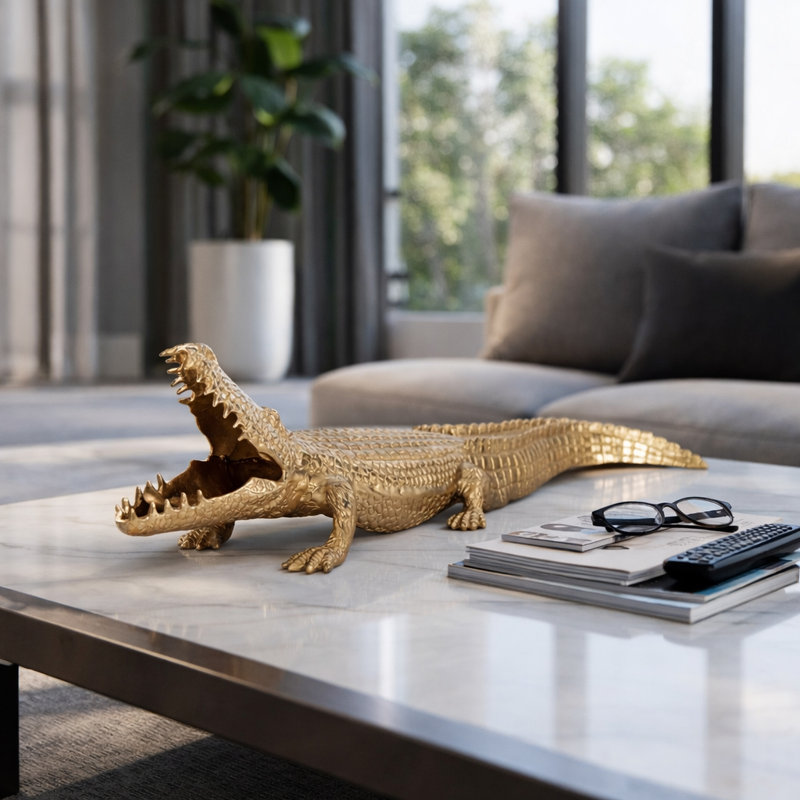 Decorative Metal Alligator Figurine for Tabletop Decor - Sculptural Object Statue Accent for Living Room or Home Decoration - 37", Gold & Metallic