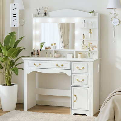 Large Makeup Vanity Desk With 3-color Lighting Mirror, Wooden French Country Modern Farmhouse White Dressing Table With Charging Station And Shelves, by House of Hampton