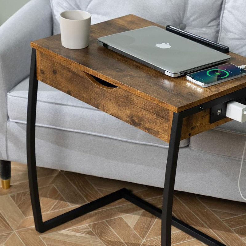 Table End Table with Charging Station, Couch Tables That Slide Under, C Shaped Side Table with Storage, Small Table Couch Desk for Small Spaces