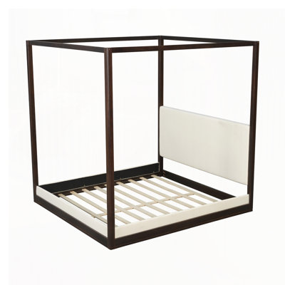Wood King Size Canopy Platform Bed with Upholstered Headboard, Frame+Fabric