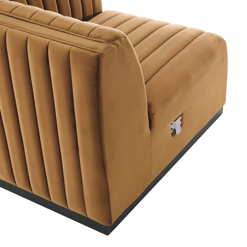 Conjure Channel Tufted Sofa by Modway, Cognac Velvet, Black, 28" H x 119" W x 41.5" D