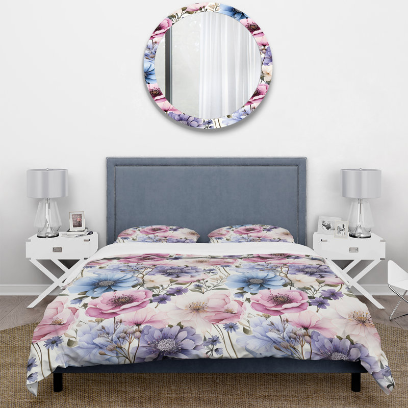 Ensemble de housse de couette floral mauve et bleu serein, Housse de couette simple + 1 taie décorative stan