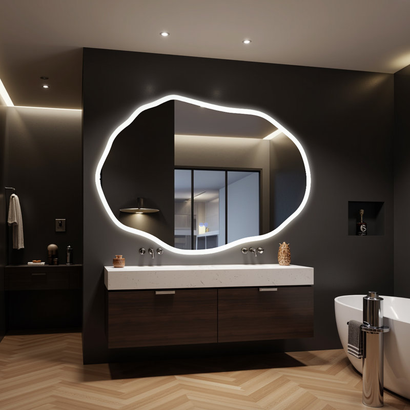 Irregular Shape Frameless Lighted;Bathroom/Vanity Tempered Mirror;Backlit + Front Lit,Dimmable Anti Fog Wall Mounted Mirror