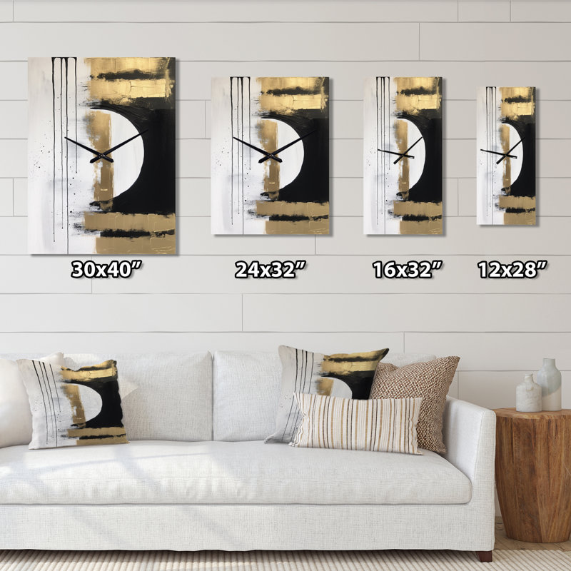 Minimal Joy en noir et or V - peinture abstraite horloge murale surdimensionnée, H 40 po x l 30 po x P 1 po
