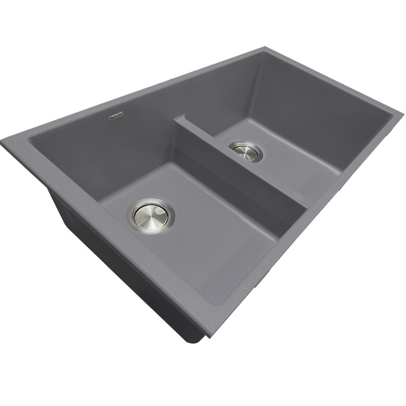 Low Divide 50/50 Double Bowl Undermount Granite Composite Undermount Sink, Titan