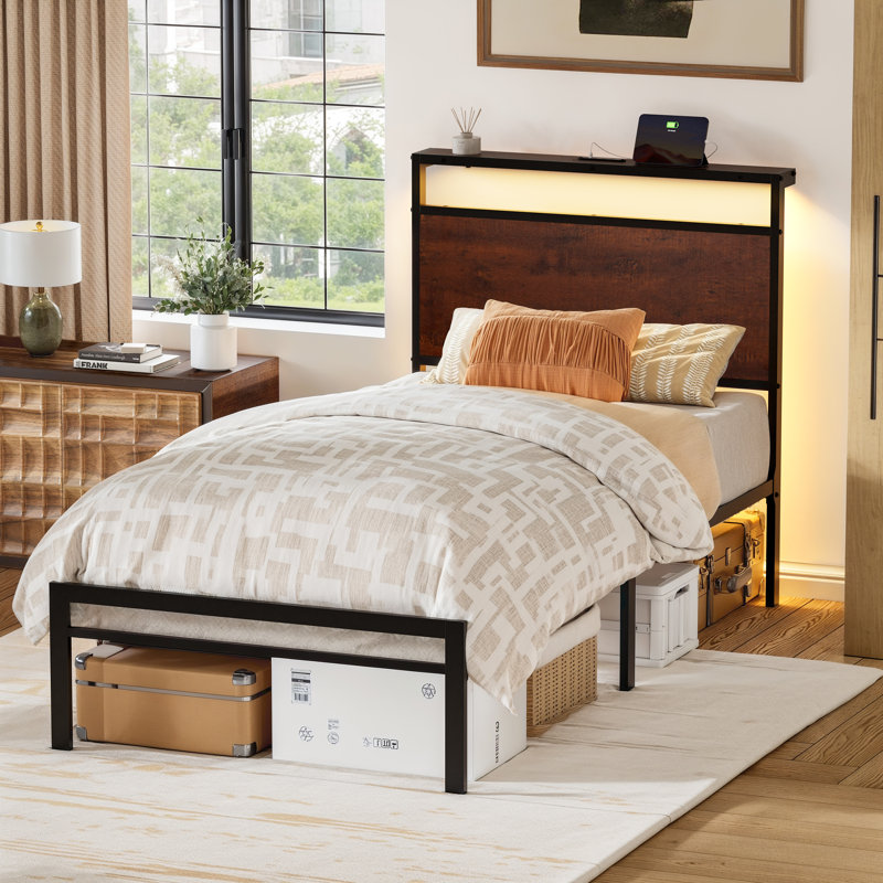 Antioch Twin Bed with LED Light and Charging Station, Metal Platform bed with Storage Headboard, No Box Spring Needed, Brown