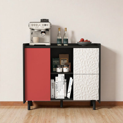 Modern Black & Red Accent Cabinet - 2-Drawer Storage Buffet with Open Compartments, Coffee Bar Sideboard for Kitchen, Dining Room