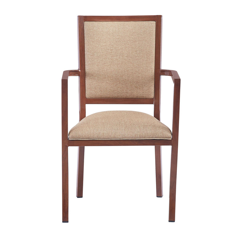 Fuselier Nolia Industrial Metal Armchair with Welded Iron Frame, Cherry Water Print Finish, Brown Vinyl Upholstered Seat and Back, Foam Padding, Wood Panel Base, and Stackable Design for Dining or Accent Use