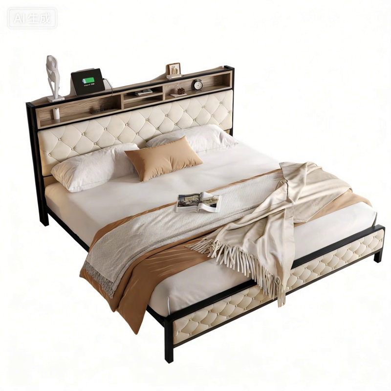 Structure de lit très grand avec station de charge, tête de lit rembourrée et lattes en métal pour le soutien du matelas, aucun sommier tapissier requis, beige