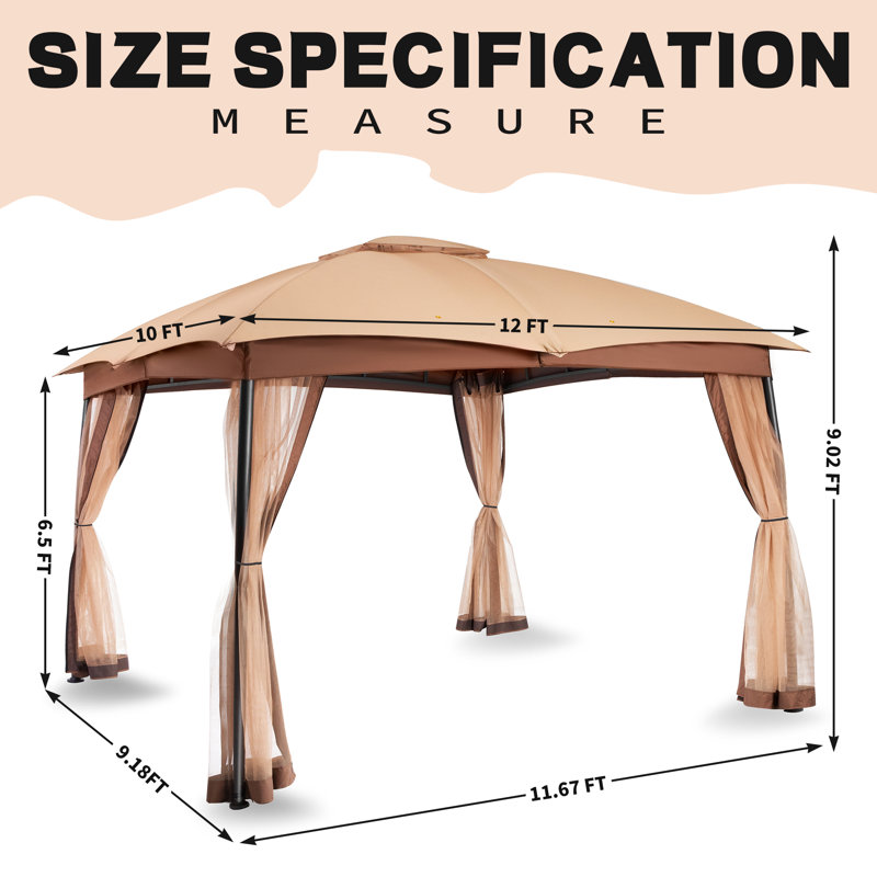12 pi. L 10 pi. D Pavillon de jardin en métal avec filet, Kaki