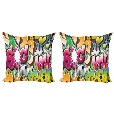 Urban Graffiti Throw Pillow Cushion Cover Pack Of 2, Throwie Style Wall Graffiti Of Bubble Letters Partially Overlapping Words, Zippered Double-Side D -  Ambesonne, mictwo_65125_16x16