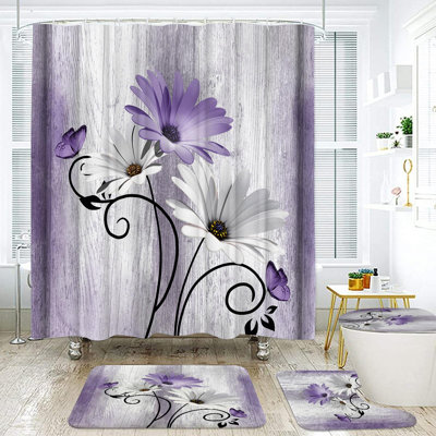 Ensemble de rideau de douche 4 pièces fleurs de marguerite mauve, rideau de douche, tapis et accessoires, ensemble de rideau de douche imperméable avec crochets de 12 pièces