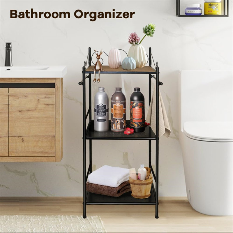 Black 3-Tier Metal Shelving Unit with Wooden Top