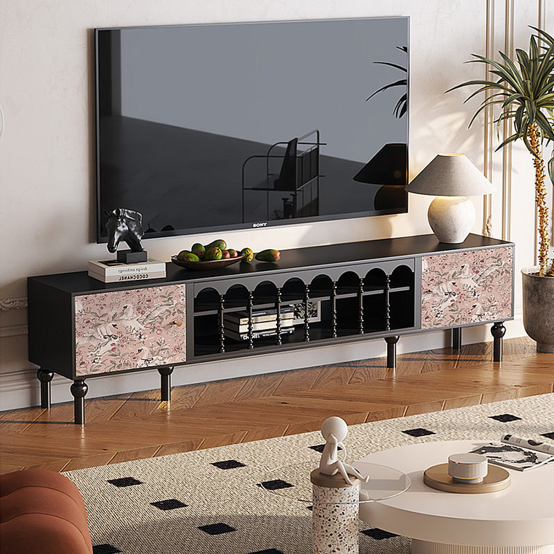Meuble télé avec rangement peint français rétro, H 21,26 po x L 70,87 po x l 15,75 po, Noir