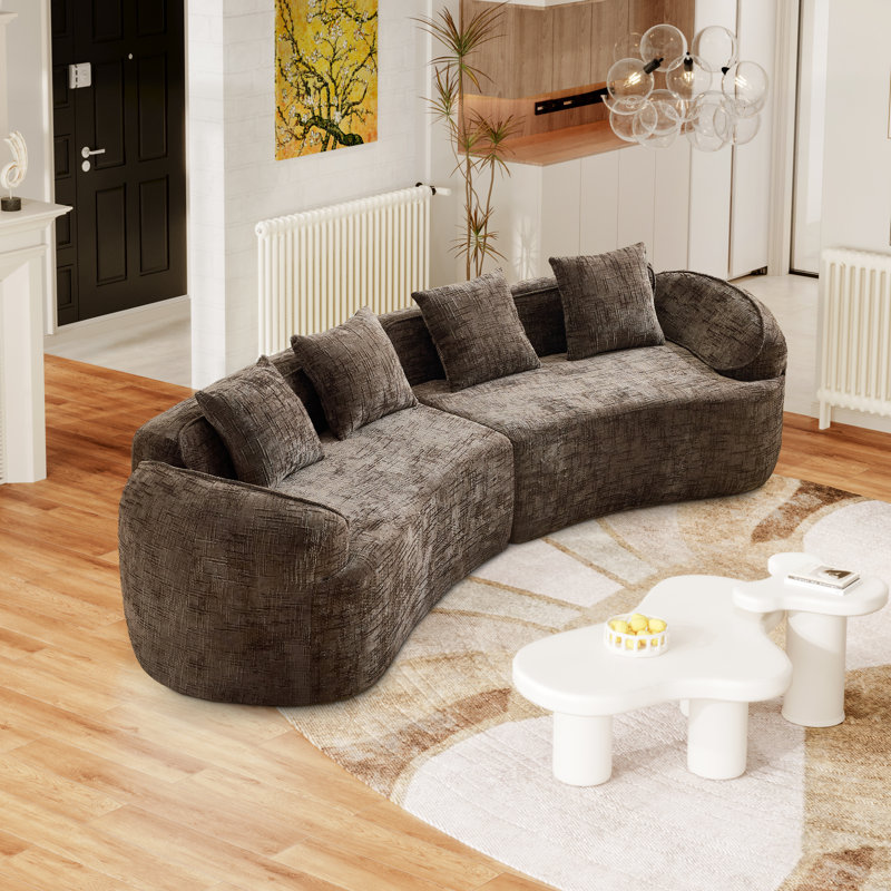 2-Piece Curved Compressed Boneless Sectional Sofa, Symmetrical Modular Design, Brown Chenille